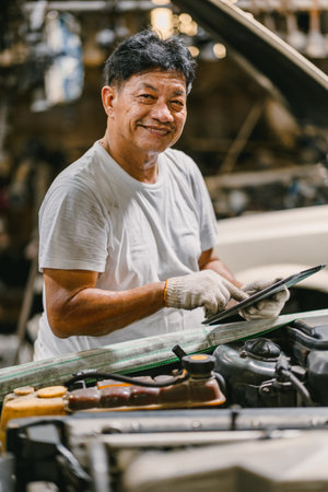 Garage Asian professional working auto service checking engine. Mechanic man using tablet computer tuning car ECU.の写真素材