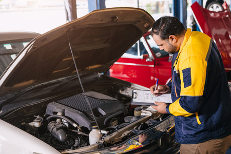 mechanic man checking engine open hood looking check list car maintenance service in garage workshopの写真素材