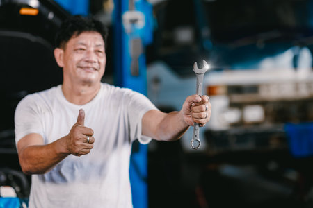 Portrait Auto Mechanic working in Garage Car service workshop show Thumbs up happy smiling.の写真素材