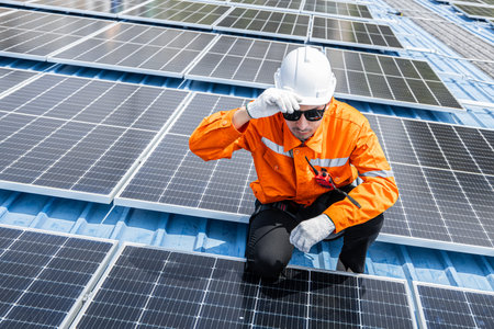 Professional Engineer Service Solar Panel. Worker Maintenance Cleaning Replacing Solar Panel. Solar...