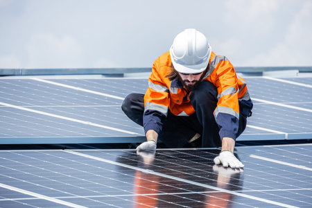 Professional Engineer Service Solar Panel. Worker Maintenance Cleaning Replacing Solar Panel. Solar...