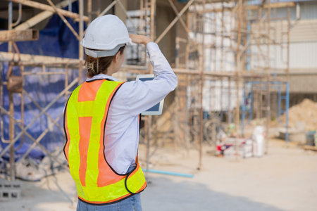 Young female construction worker with hard hat and safety vest inspecting building materials on a construction site.の写真素材