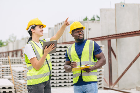 Engineer smart women working contact with African black worker in Precast concrete casting...