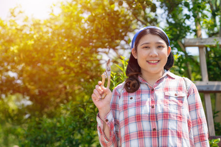 happy women in orange farm. countryside asian female working in organic agriculture farming orange fruit tree.の写真素材