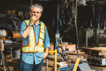 Italian worker engineer construction site control radio operation. Foreman working crane working order by walkie talkie.の写真素材