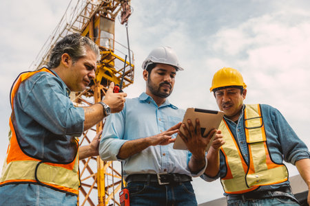 Workers team working together with contractor at construction site. Engineer project teamwork people concept.の写真素材