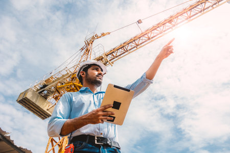 Indian construction engineer worker construction site control operation. Foreman operate tower crane hand holding tablet.の写真素材