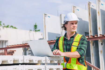 Professional engineer Caucasian male working in concrete precast plant factory control operate construction site.の写真素材
