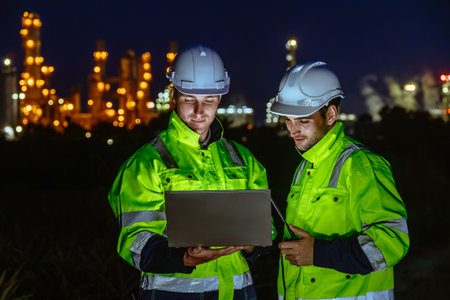 Night shift engineer oil and gas refinery service team worker hard work in petroleum industry plant light blur background.の写真素材