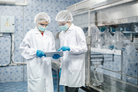 Worker people working in Drinking water factory, Hygiene uniform cleanliness workplace with clean...