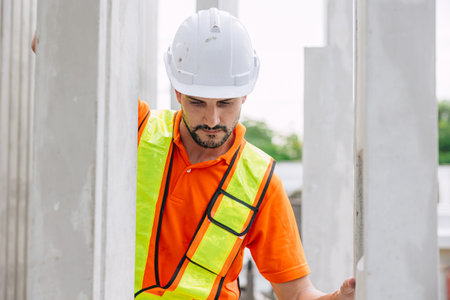 Professional engineer Hispanic Latin male working in concrete precast plant factory control operate...