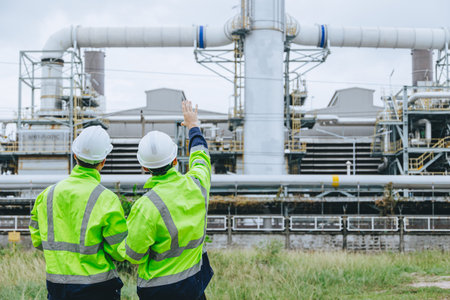 Industrial Workers Inspection Plant High visibility Helmets Operational Safety Discussion Service Pipes, Industry Teamwork Refinery Maintenance, Construction Industry Workers Facility Engineerの写真素材