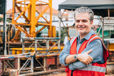 Smart Happy confident professional engineer male construction worker standing smile arm crossed at crane tower construction site.の写真素材