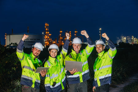 Group of Night Shift Oil And Gas Refinery Engineer Team Workers Cheerful Happy Greeting Finished Jobs Hand Rising Together In Petroleum Industry.の写真素材