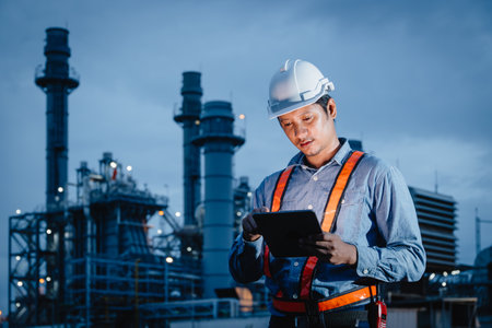 Professional Engineer Male Working Night Time At Refinery Industry. Power Plant Engineering Workers Plant Evening Survey.の写真素材