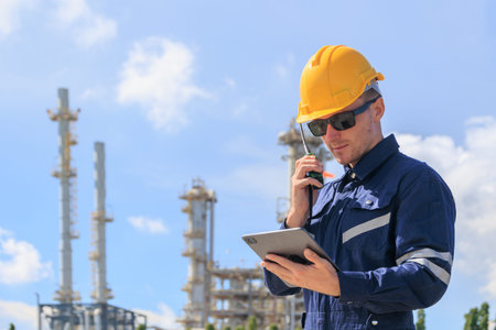Refinery petroleum worker on duty radio control operation. Industrial Engineer in oil and gas...