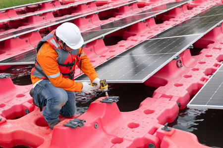 Staff worker installation floating Solar farm. Engineer team Replacing Solar Panel. Solar...