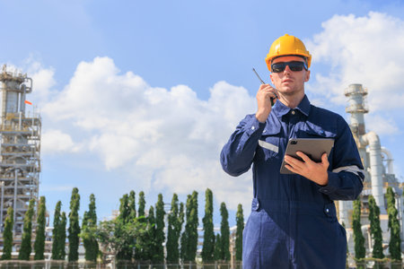 Refinery petroleum worker on duty radio control operation. Industrial Engineer in oil and gas...