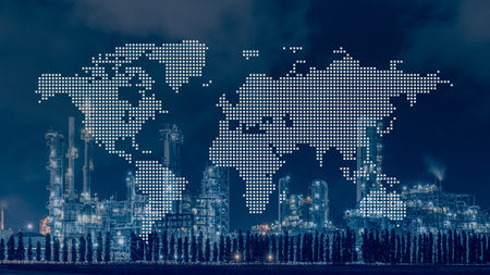 Oil And Gas Petroleum Refinery Industry With World Wide Map For Global Business Distribution And...