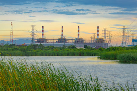 Beautiful nature landscape of Green Clean Energy Industry in Thailand, Bang Pakong Power Plant at...