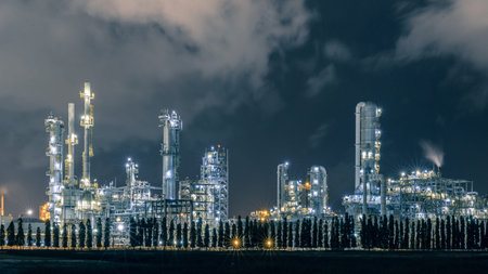 Refinery Oil and Gas Power Energy Industrial at Twilight, Oil Refinery And Petrochemical Plant...