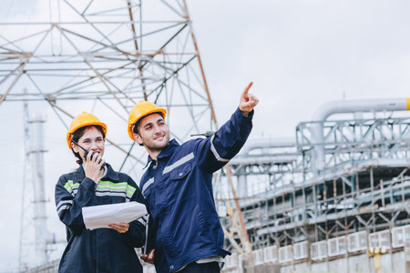 Industrial Workers Inspection Plant High visibility Helmets Operational Safety Discussion Service Pipes, Industry Teamwork Refinery Maintenance, Construction Industry Workers Facility Engineerの写真素材