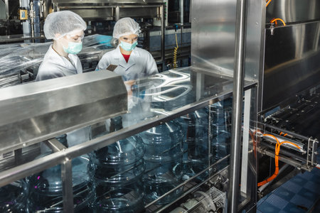 Worker people working in Drinking water factory, Hygiene uniform cleanliness workplace with clean care.の写真素材