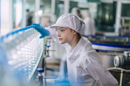 Women worker focus working care quality control in Drinking water factory. Production line inspector drink water bottle conveyor belt.の写真素材