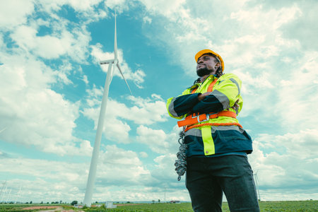 Smart confident African black engineer technician male worker service maintenance wind turbine at Wind Turbines electricity generator farm field outdoors.の写真素材
