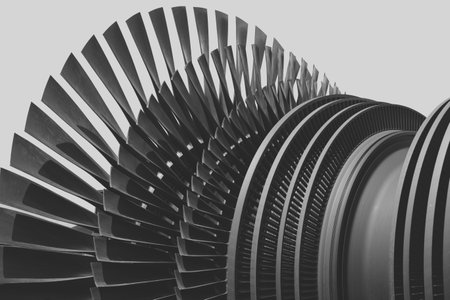 Turbine Blades, High Precision Advance Engineering. Large Fan blade Layers Steel Part Rotor In Jet Engine or Steam Power Plant.の写真素材