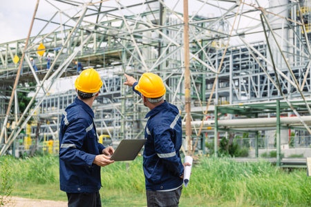 Engineer worker team working outdoor, Surveyor teamwork survey gas pipe oil transport pipeline deploy building project for refinery industry.の写真素材
