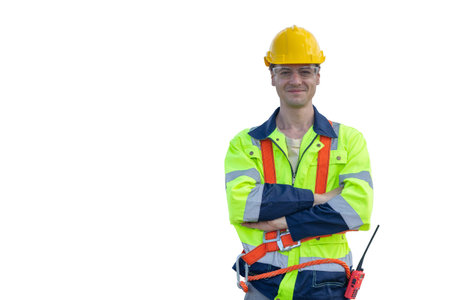 Young Caucasian smart engineer worker male standing confident arm crossed looking camera smiling...