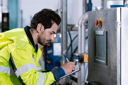 Factory engineer operate control machine check list writing value from control panel monitor...