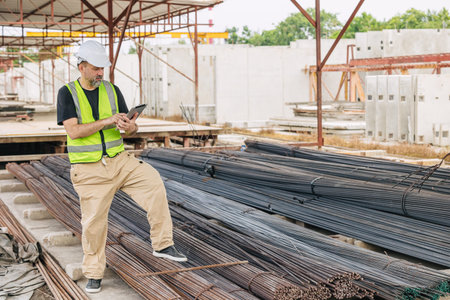 Engineer worker, Officer working check steel bar strength grade for high quality products and...