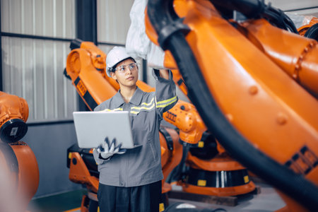 Engineer woman working in advance machine factory. Indian female engineering staff work checking robot arm in assembly plantの写真素材