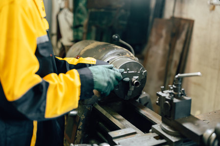 closeup worker hand using vernier caliper measuring part in lathe machine in heavy metal industry workshopの写真素材
