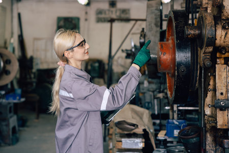 professional engineer caucasian women inspecting auditing old machine in heavy industry factory