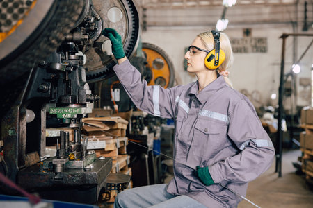 caucasian women worker working in heavy metal industry factory punching stamping steel machine