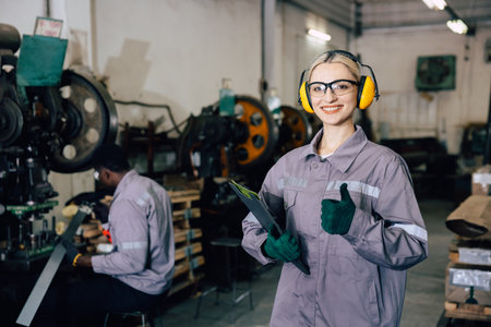 portrait professional worker working in heavy metal industry factory happy smiling enjoy workingの写真素材