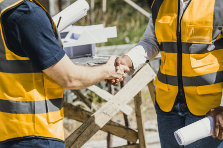 Closeup Professional engineer male handshake with team builder contractor acquisition and successful...