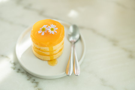 Homemade Orange fruit cake juicy recipe layer pancake pie sweet dessert menu on the table.の写真素材