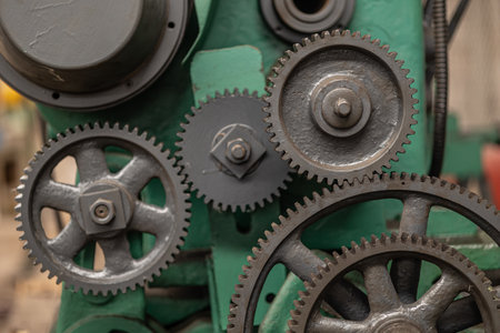 Closeup Gear part, Old grunge metal cog wheel in machine, Heavy industry machinery mechanical engineering.の写真素材