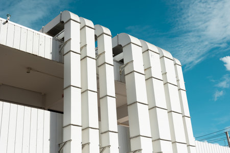 Industry building air ventilate pipeline from odor ventilator system , air flow pipe line pattern from kitchen level to top roof exterior.の写真素材