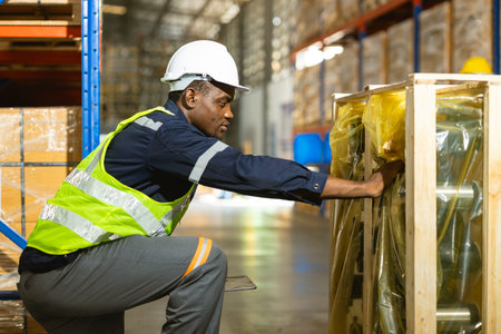 african professional warehouse worker. stock inventory staff employee working in cargo storage...