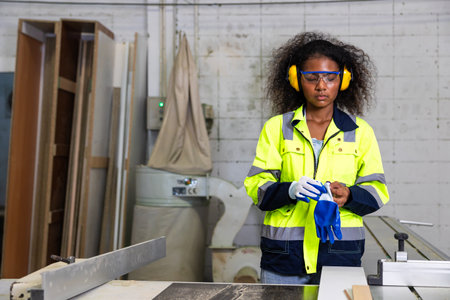 African women worker working in wood workshop wooden furniture factory industry wearing earmuff for safetyの写真素材