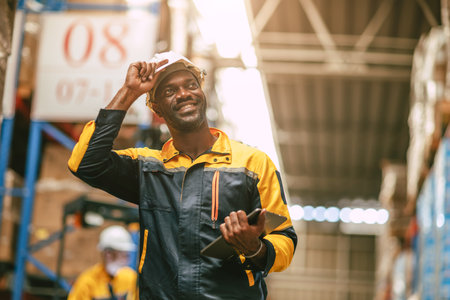 African black worker male working in warehouse happy smiling smart confident professional worker in logistic industry.の写真素材