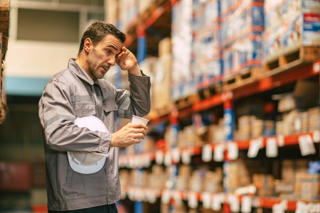 Male worker drinking coffee feel tired sleepy hard work overnight working indoor warehouse buildingの写真素材
