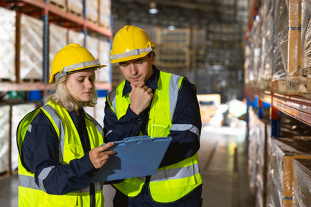 professional warehouse workers. caucasian stock inventory team staff employee working in cargo...