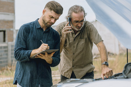 Senior male with car problem broken standing talking discussion with auto service insurance...