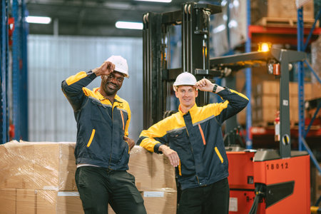 Portrait happy male worker colleague work in warehouse cargo employee engineer team black and white industry working peopleの写真素材